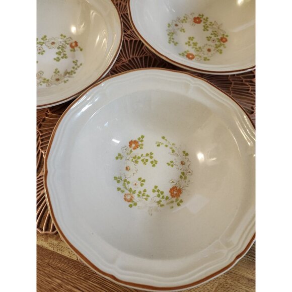 Stoneware Wildflower Pattern Cereal Bowls Tan Scalloped Edge Meadow Flowers - Picture 1 of 8